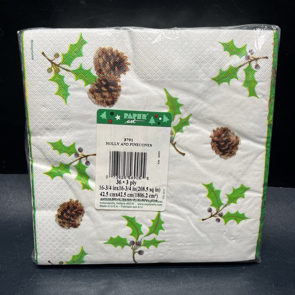 Vtg Holiday Christmas Napkins Holly & Pinecones 16.75”, 36 Count 3ply, Paper Art